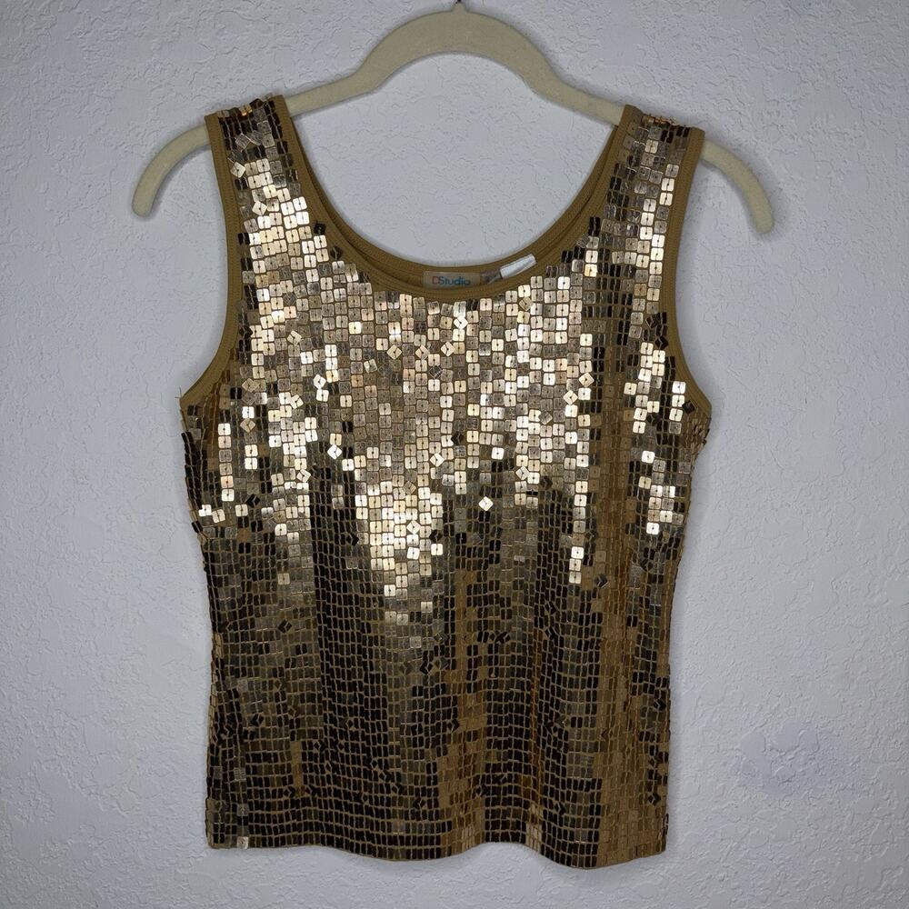 D Studio Gold Squared Sequence Embroidered Tank Top Size S, party, shiny, disco